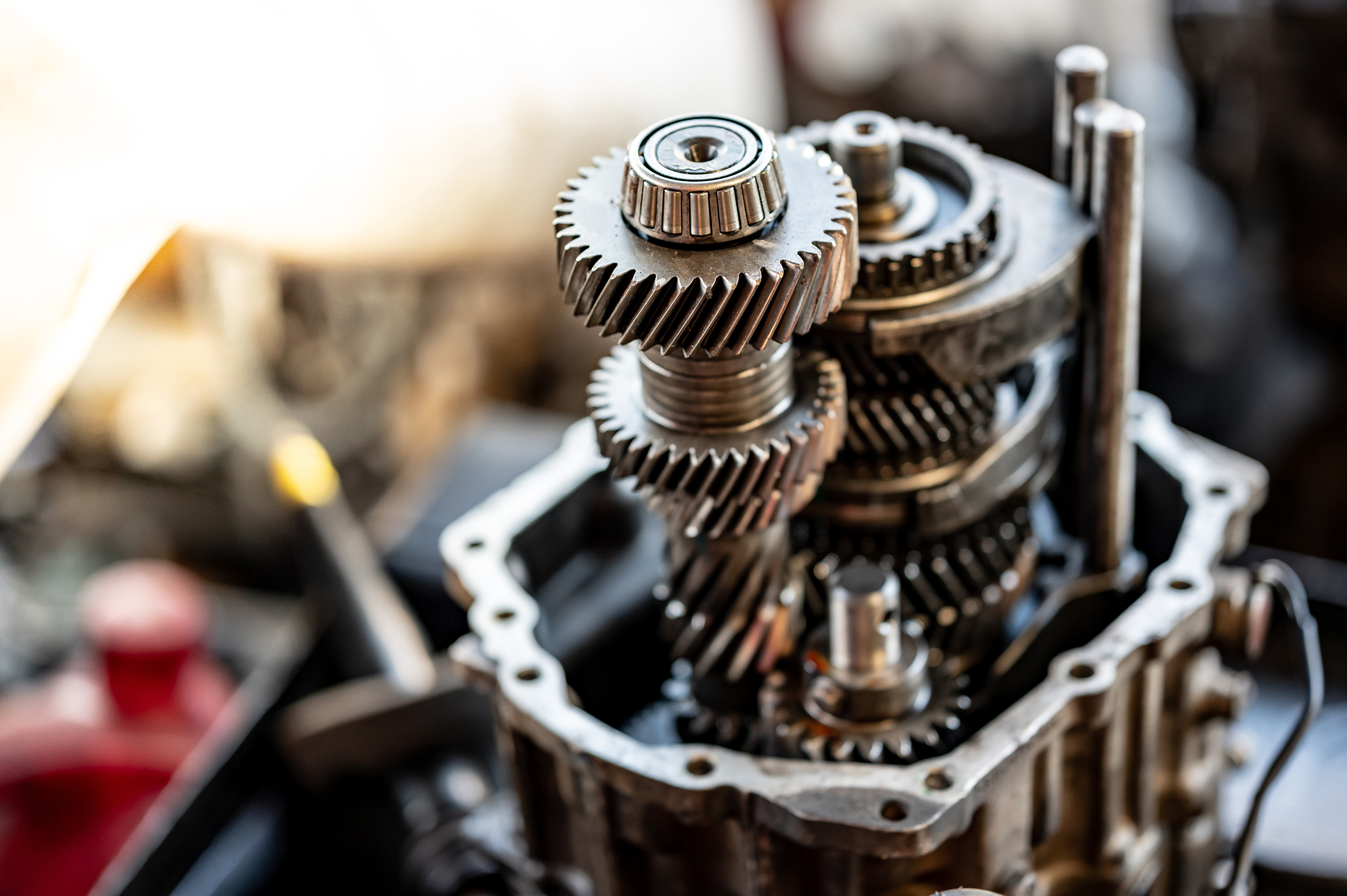Dramatic close-up of copper transmission gears